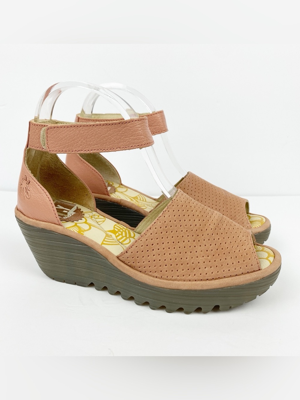 Fly London YAKE Wedge Sandals Womens Size 38/7-7.5 Pink Perforated Leather Shoes